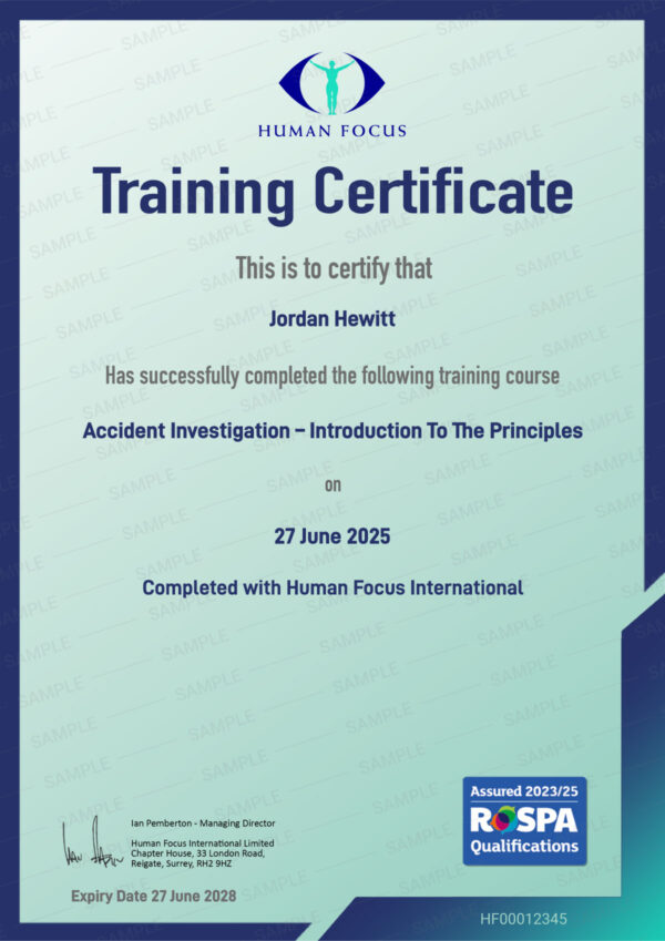 Accident Investigation Introduction to Principles Course Certificate