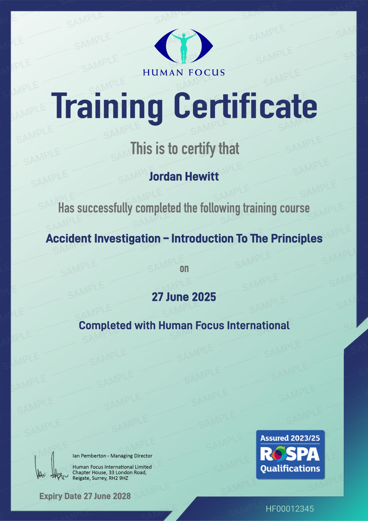 Accident Investigation Introduction to Principles Course Certificate