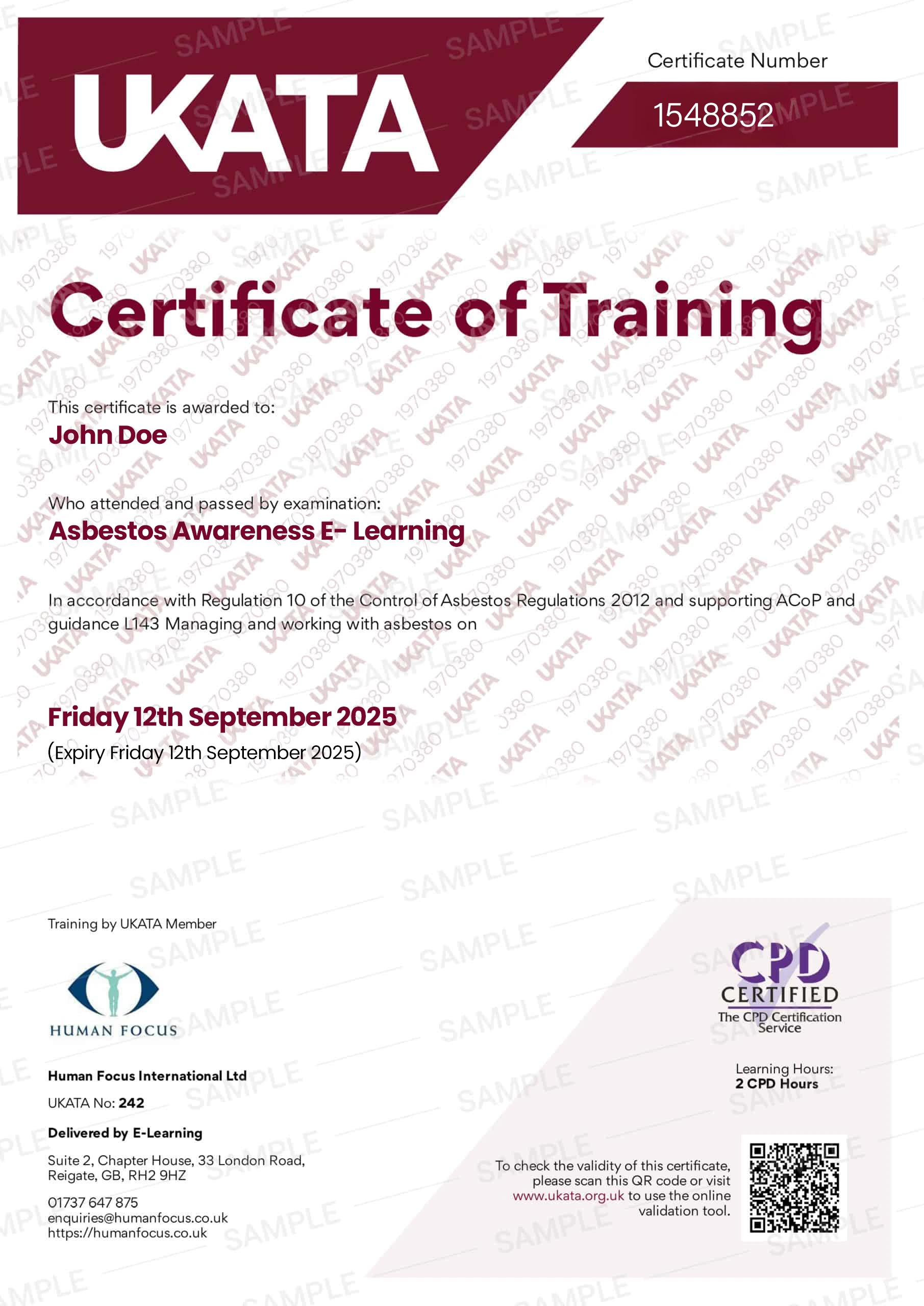 Asbestos Awareness(UKATA) e-Learning Certificate