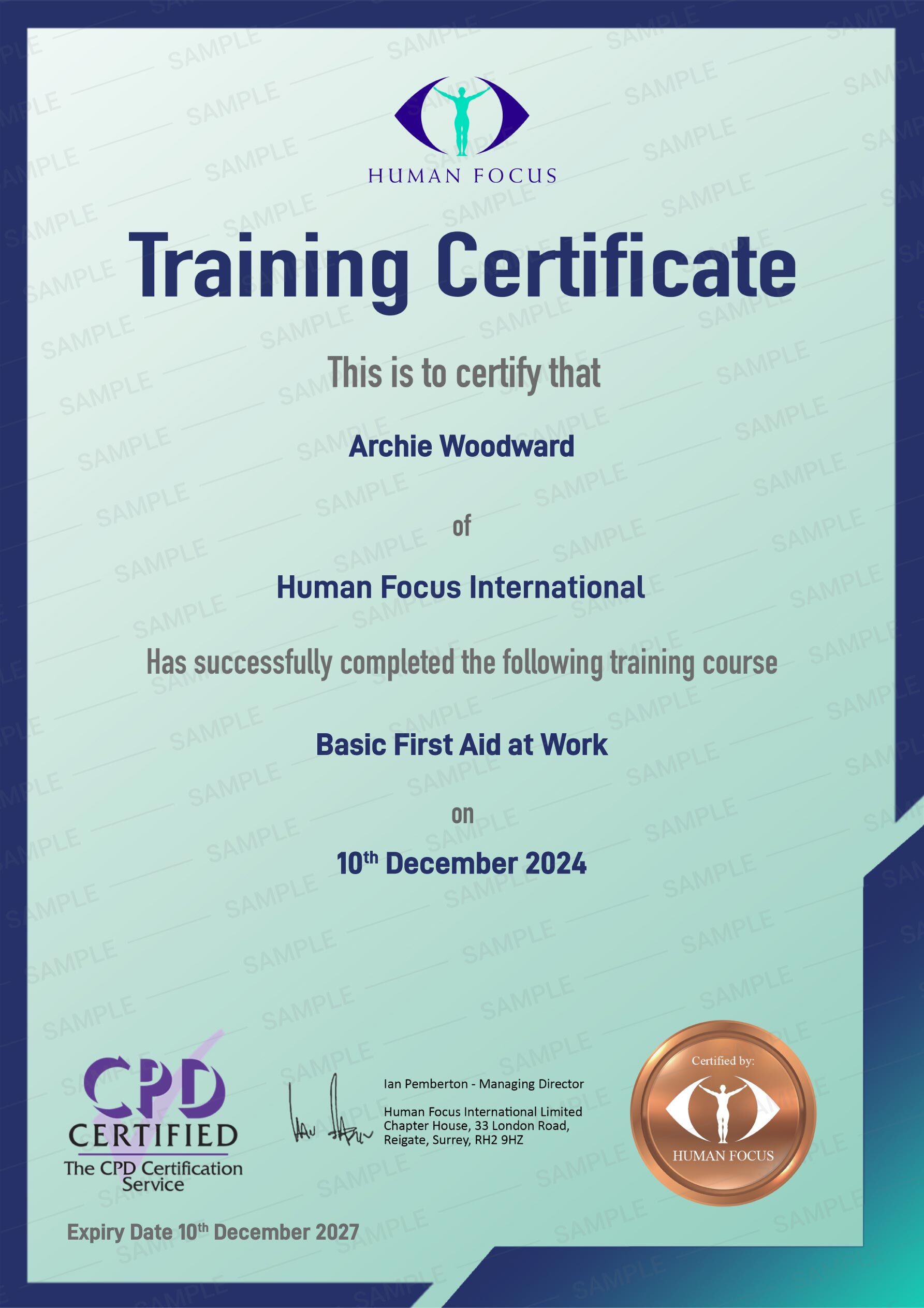 Basic First Aid at Work Training Certificate