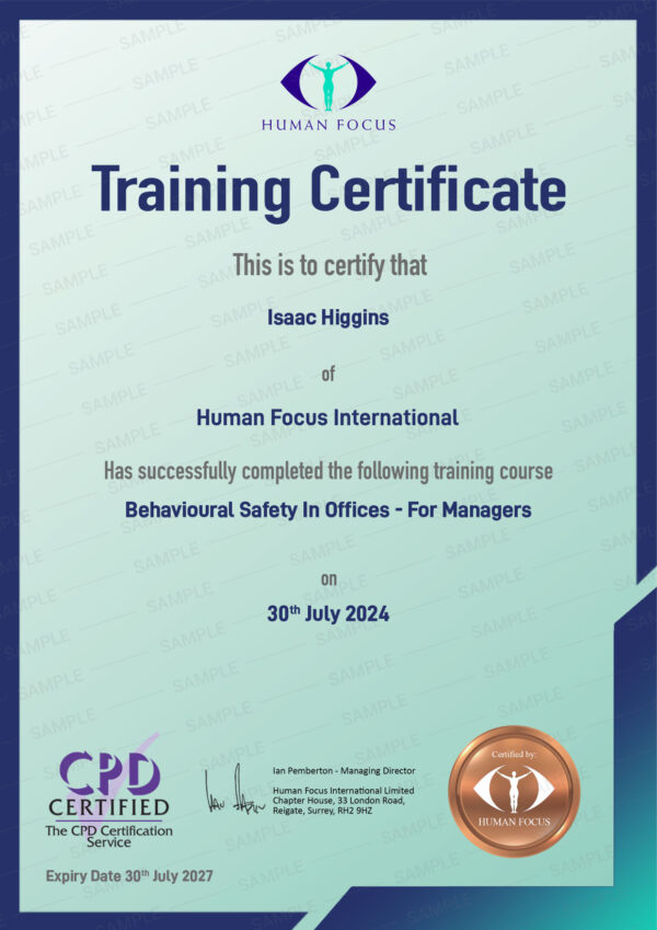 Behavioural Safety in Offices for Managers Training Course Certificate