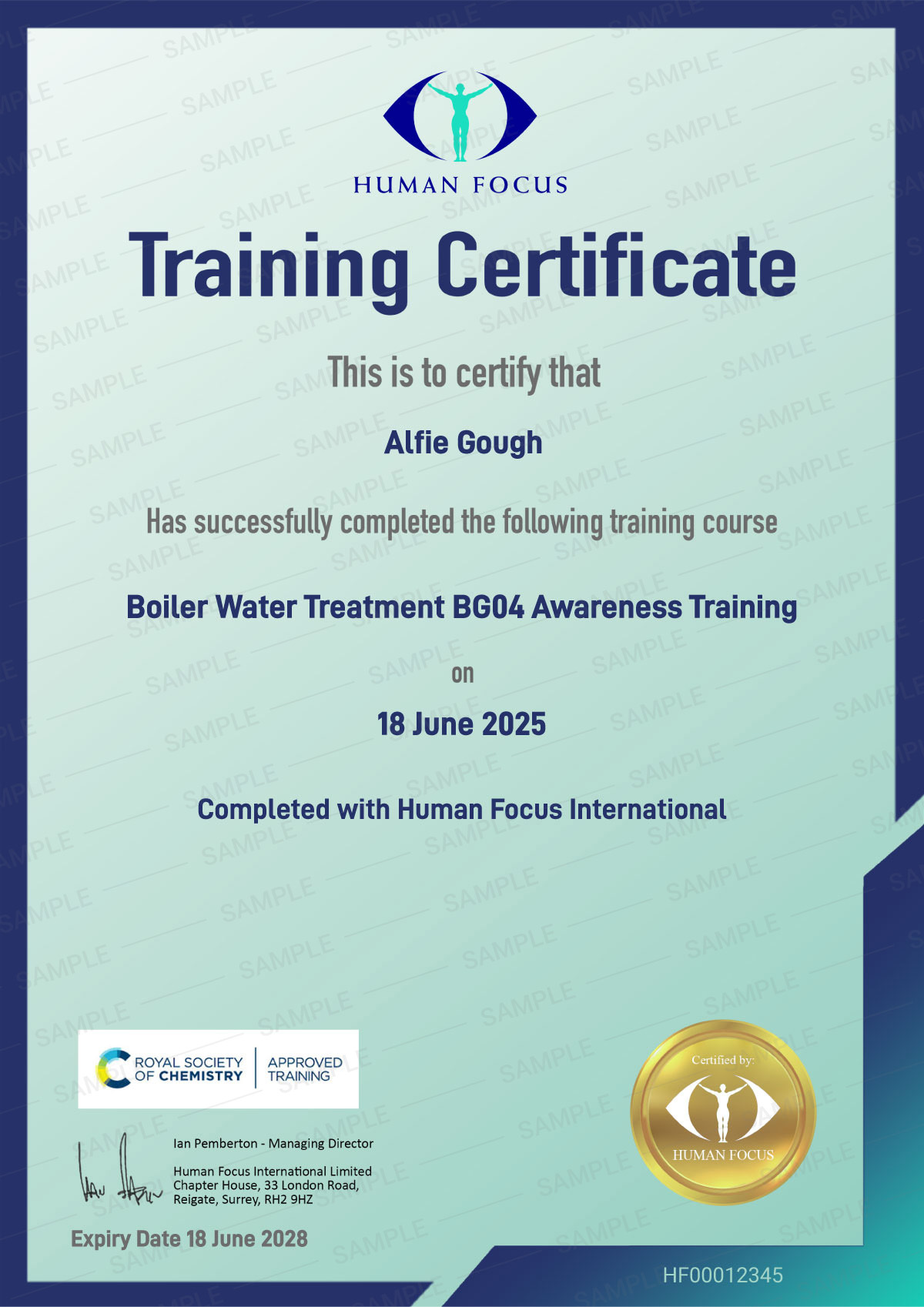 Boiler Water Treatment BG04 Awareness Training Certificate
