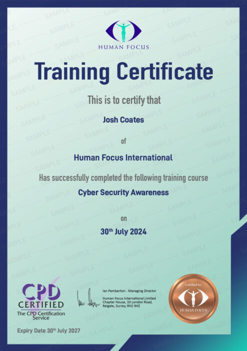 Cyber Security Awareness Training Course Certificate