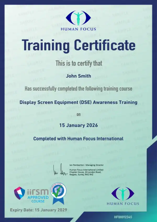 DSE Awareness Training Course Certificate