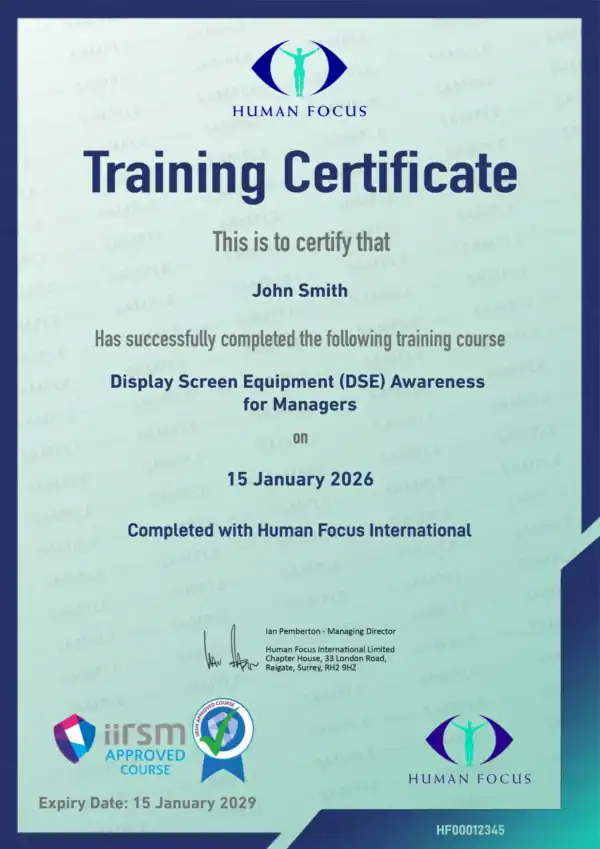 DSE Awareness for Managers Training Course Certificate