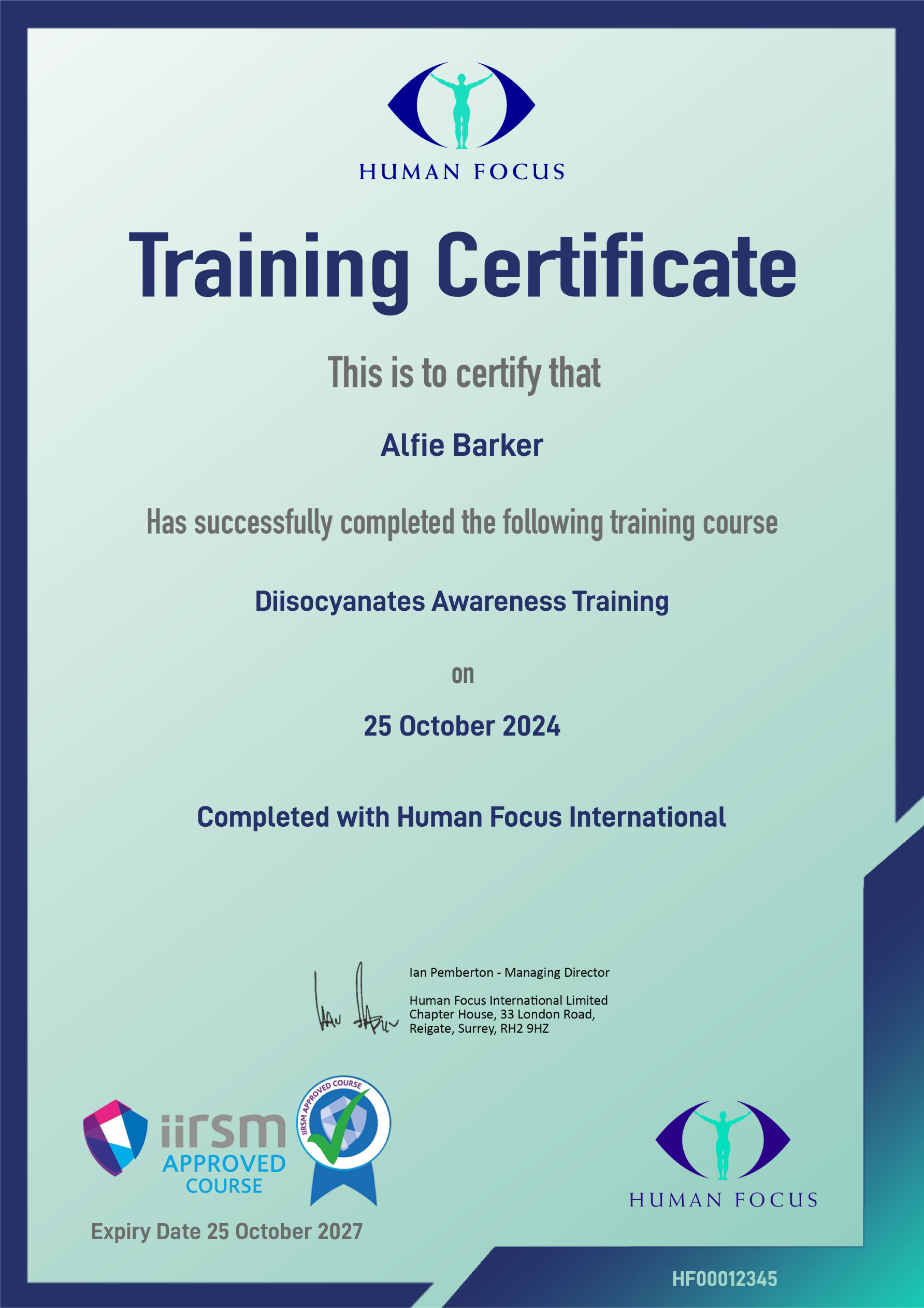 Diisocyanate Awareness Training Course Certificate