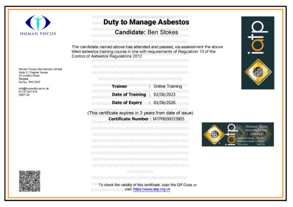 Duty to Manage Asbestos Course Certificate