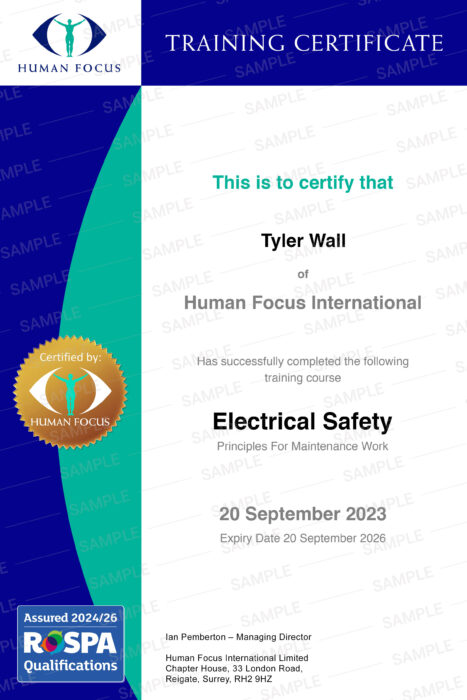 Electrical Safety Principles For Maintenance Work Course Certificate