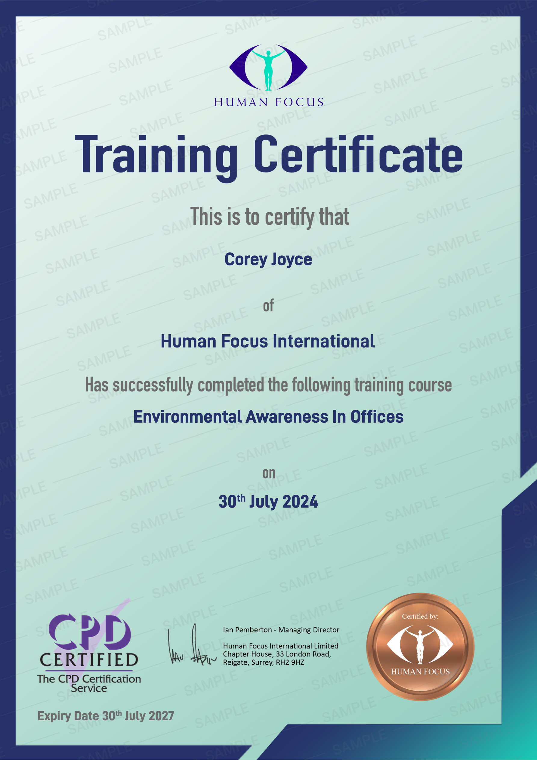 Environmental Awareness in Offices Training Course Certification