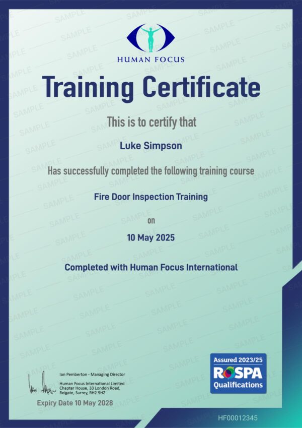 Fire Door Inspection Course Certificate