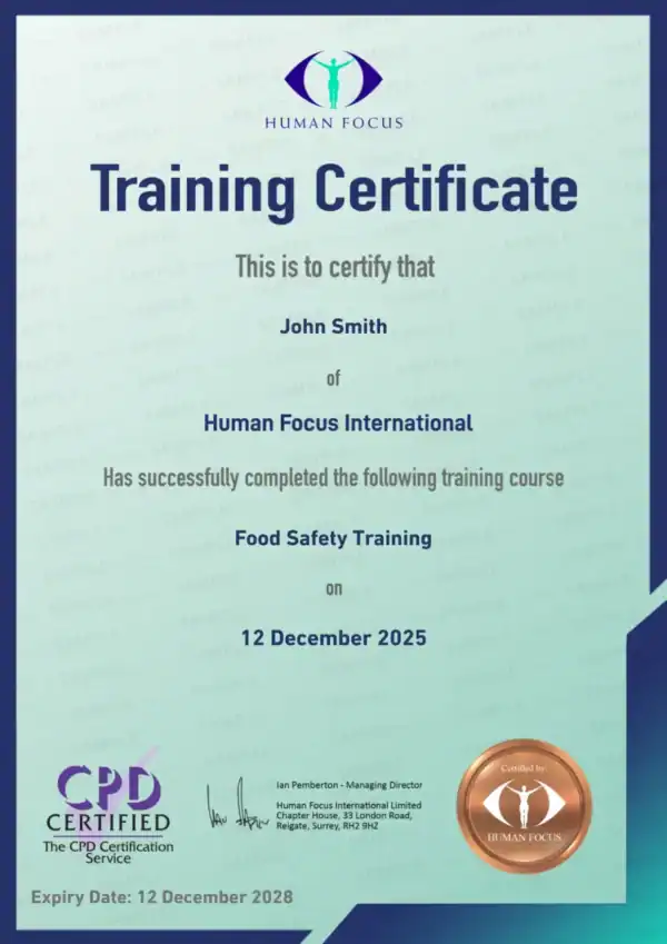 Food Safety Training Course Certificate