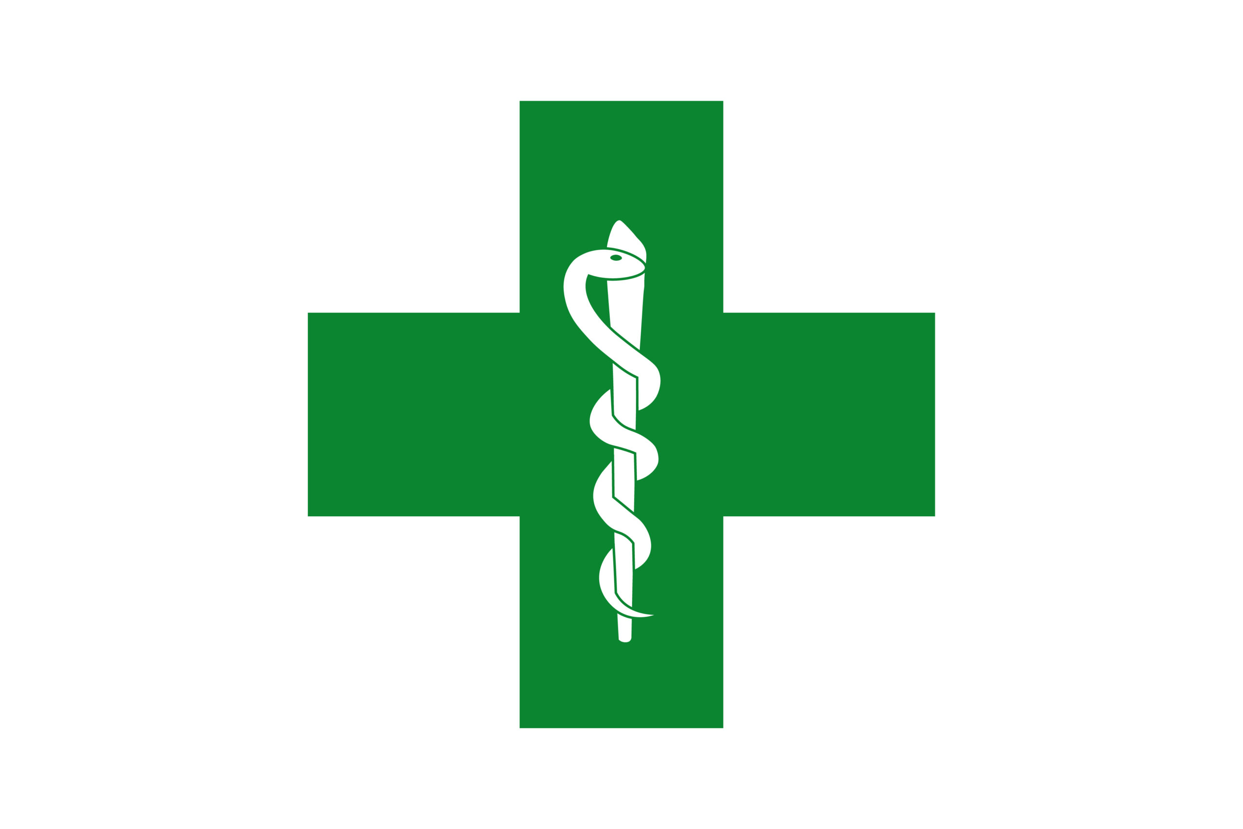 Green Cross with the Rod of Asclepius or Caduceus