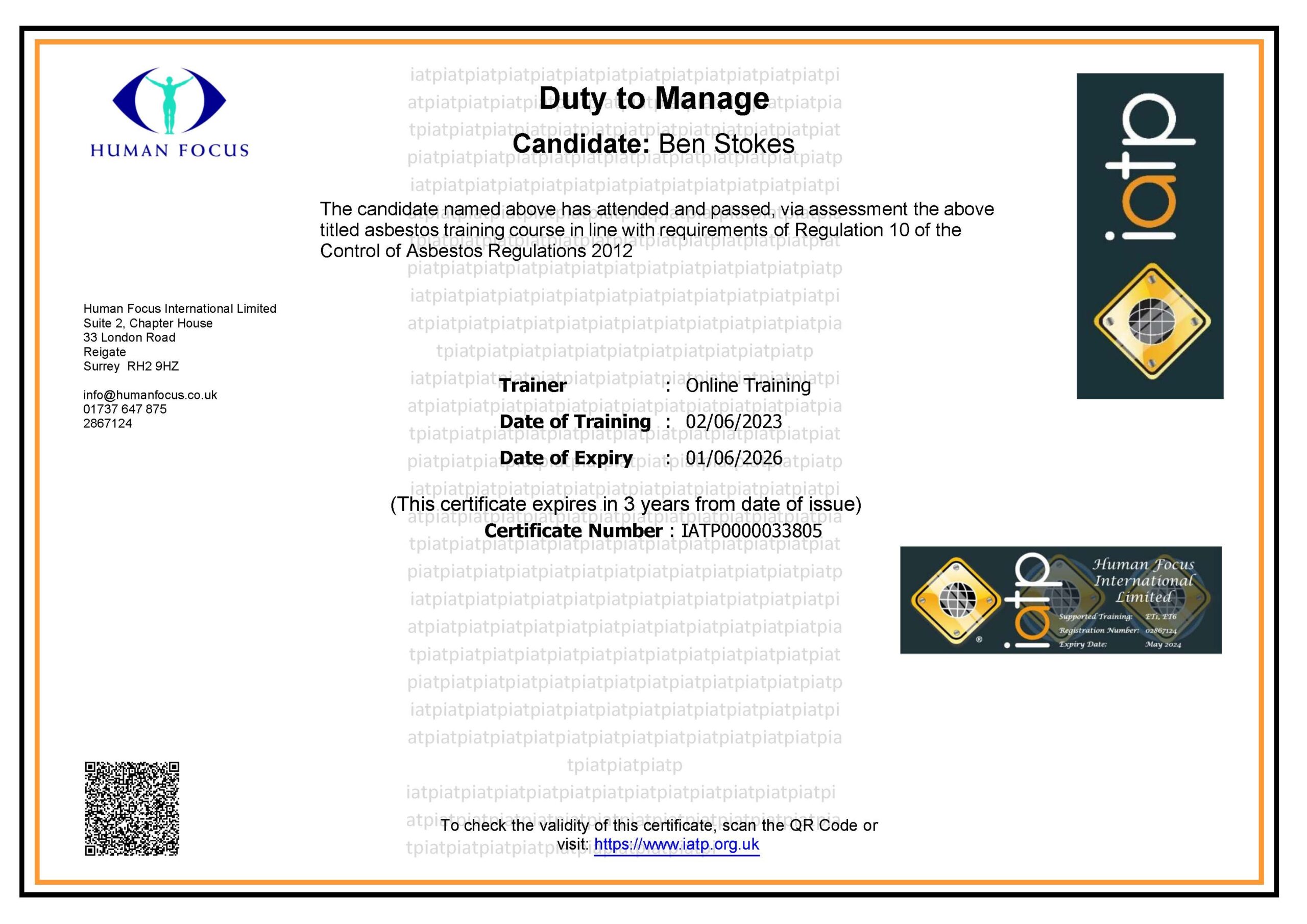 IATP Asbestos Duty to Manage Online Course Certification