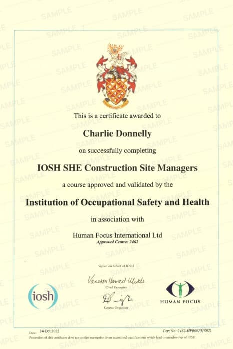 IOSH SHE for construction site managers course certificate