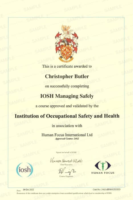 IOSH managing safely course certificate