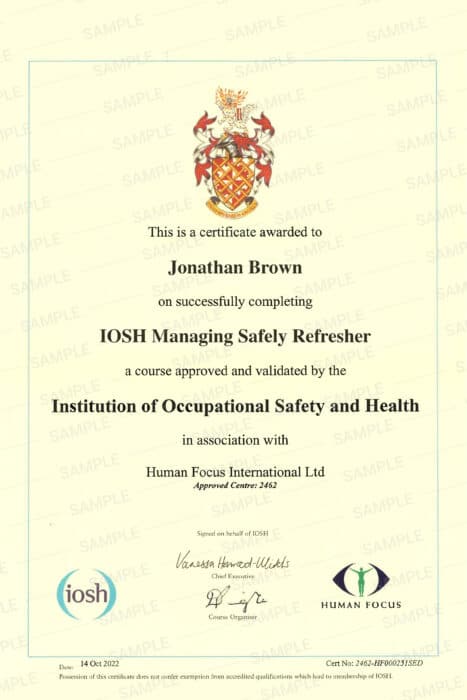 IOSH managing safely refresher course certificate