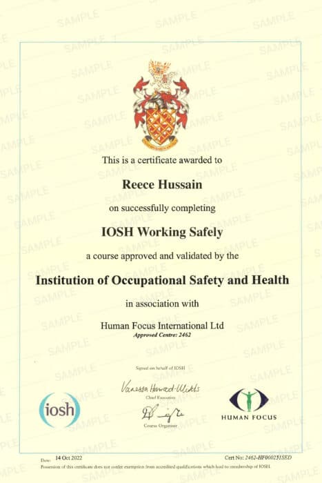 IOSH working safely course certificate