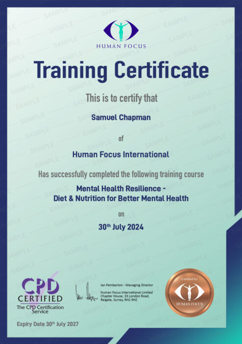 MHR diet nutrition for better mental health training certificate