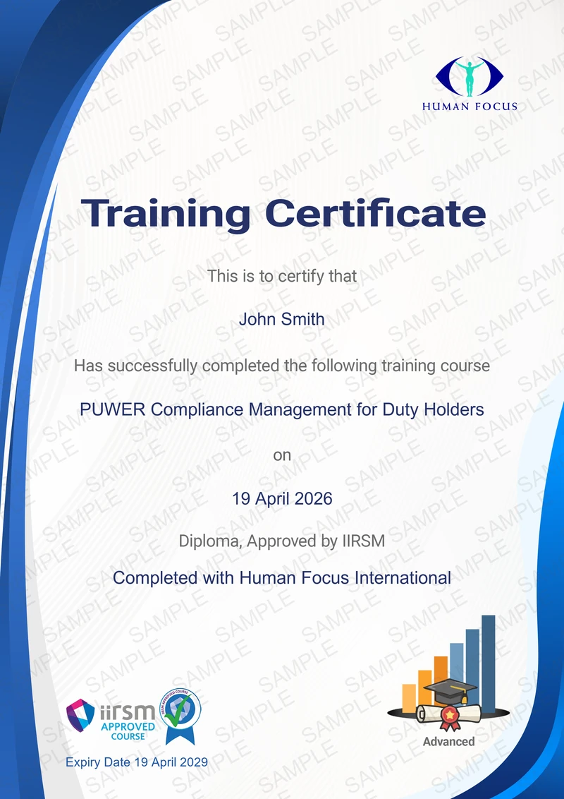 PUWER compliance management duty holders Course Certification