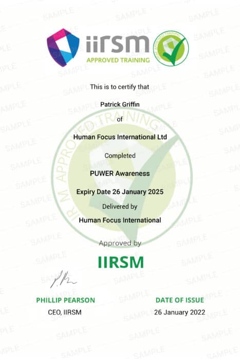 PUWER awareness course certificate