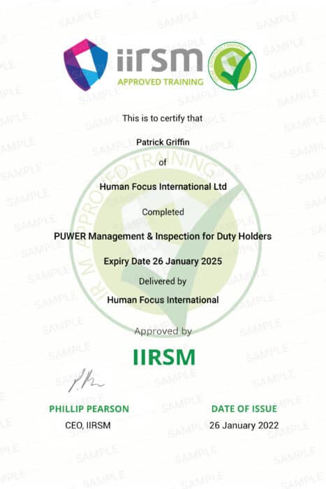 PUWER management and inspection for duty holders training certificate