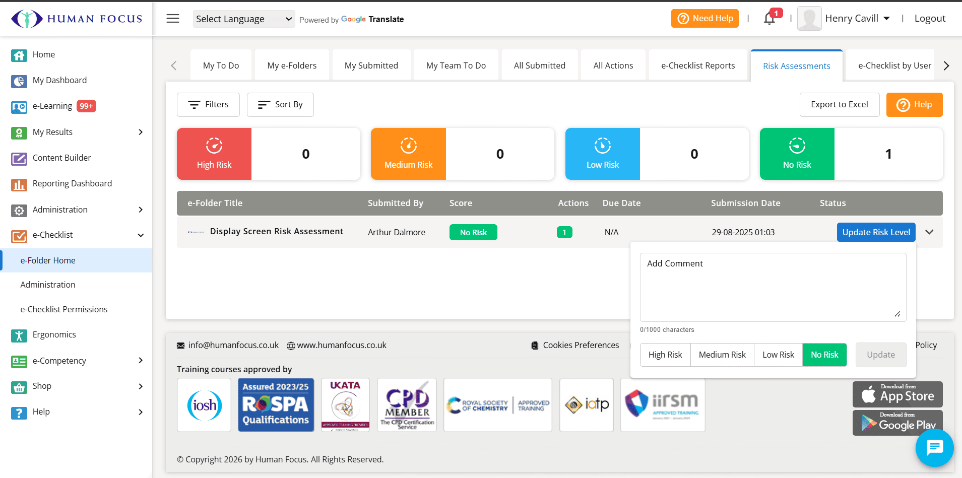 Risk Assessment – Report Update