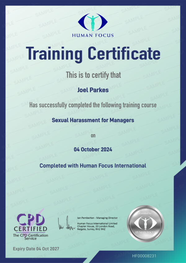 Sexual Harassment for Managers Course Certificate