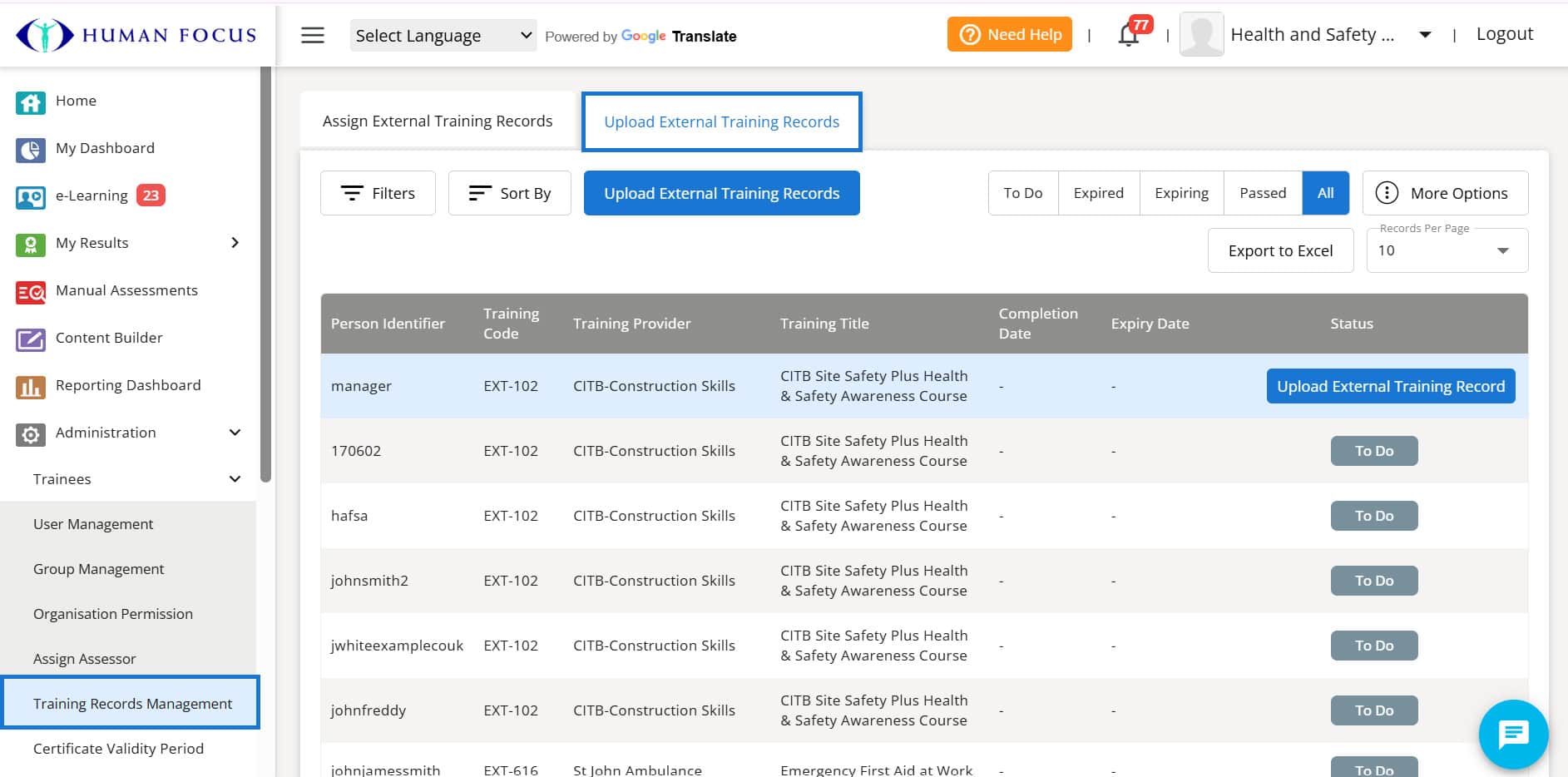 Training Records Management - Upload External Training Record