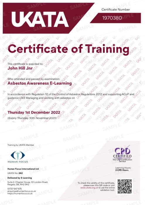 UKATA asbestos awareness course certificate
