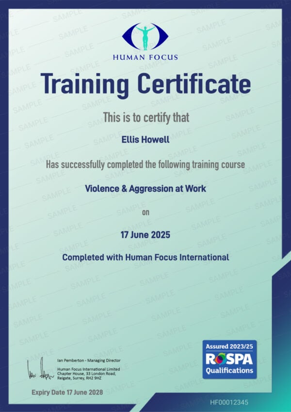 Violence & Aggression-at Work Course Certificate