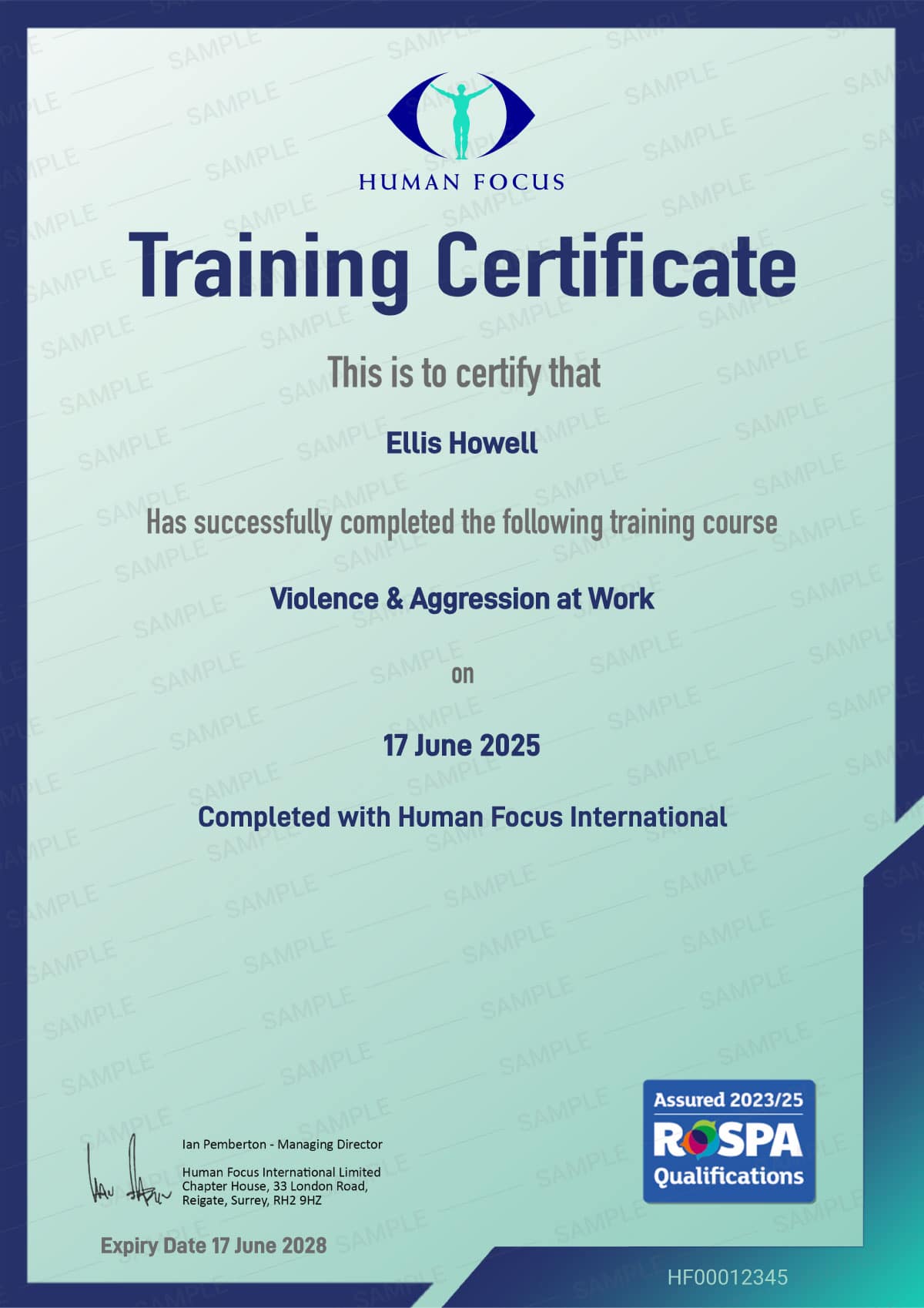 Violence & Aggression-at Work Course Certificate