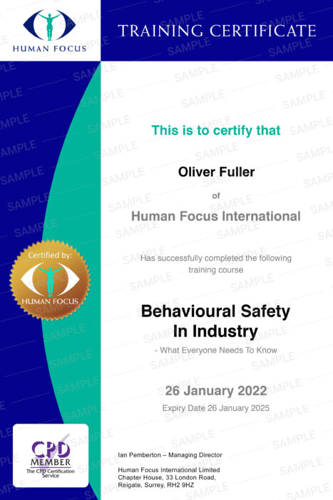behavioural safety in industry training course certificate