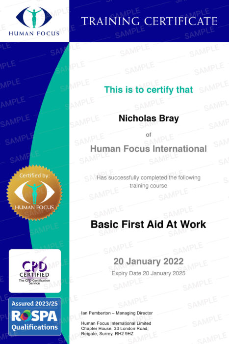 first aid at work course certification