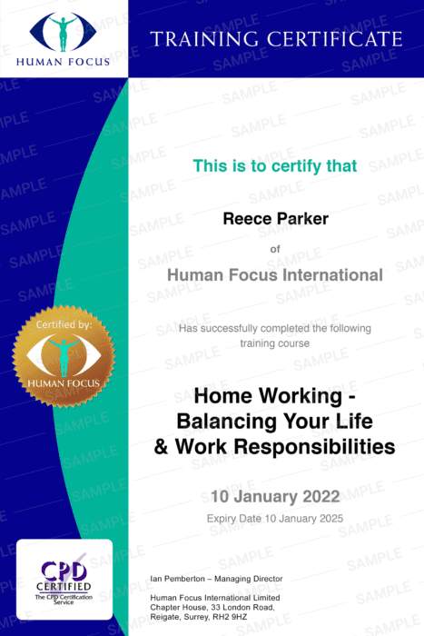 home working - balancing your work & home life responsibilities course certificate