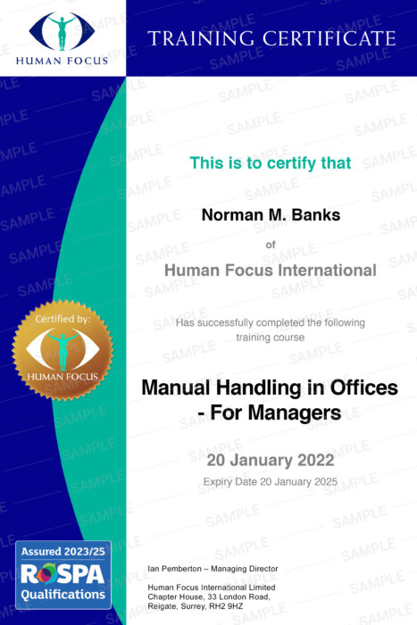 manual handling in offices for managers training certification